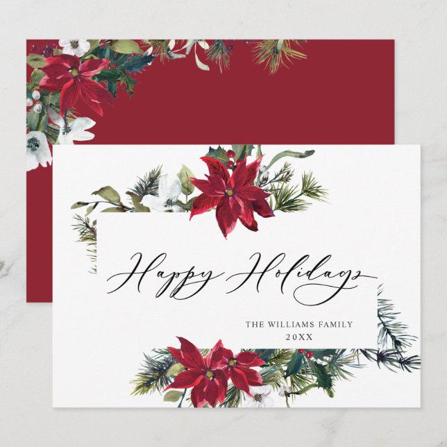 Elegant Poinsettia Mistletoe Christmas Greeting Holiday Card (Front/Back)