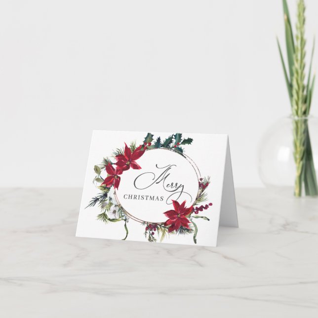 Elegant Poinsettia Mistletoe Christmas Greeting Holiday Card (Front)