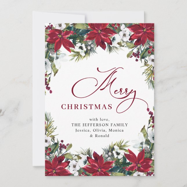 Elegant Poinsettia Mistletoe Christmas Greeting Holiday Card (Front)
