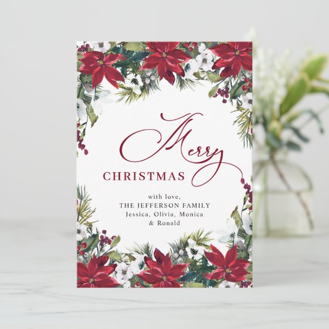 Elegant Poinsettia Mistletoe Christmas Greeting Holiday Card (Standing Front)