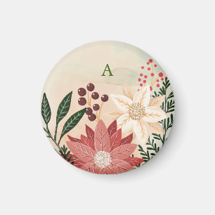Elegant Poinsettia Monogram Holiday Watercolor Magnet