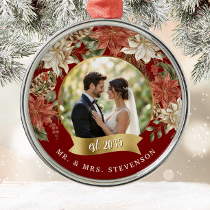 Elegant Poinsettia Newlywed Mr. & Mrs. Photo Metal Tree Decoration