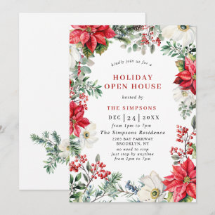 Elegant Poinsettia Open House Christmas Party Invitation