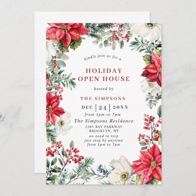 Elegant Poinsettia Open House Christmas Party Invitation (Front/Back)