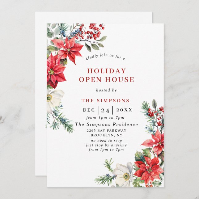 Elegant Poinsettia Open House Christmas Party Invitation (Front/Back)