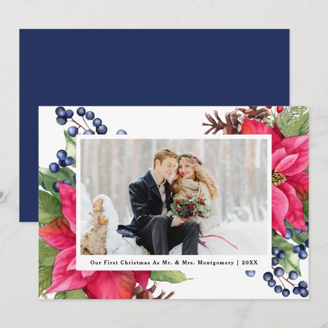 Elegant Poinsettia Our First Christmas Blue Photo  Holiday Card (Front/Back)