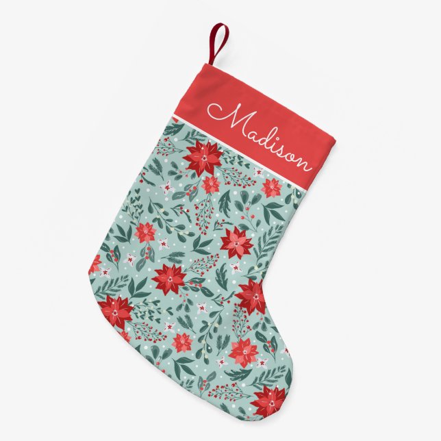 Elegant Poinsettia Pattern Personalised Small Christmas Stocking (Front (Hanging))