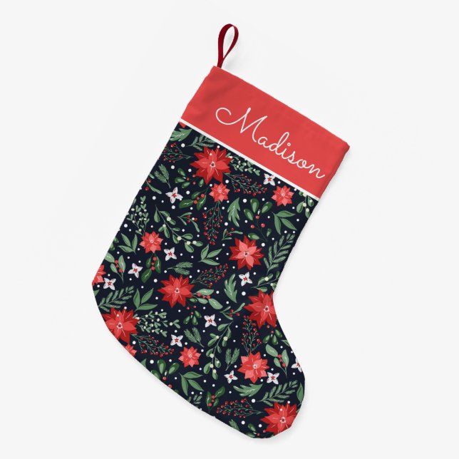 Elegant Poinsettia Pattern Personalised Small Christmas Stocking (Front (Hanging))