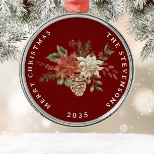 Elegant Poinsettia Personalized Metal Tree Decoration
