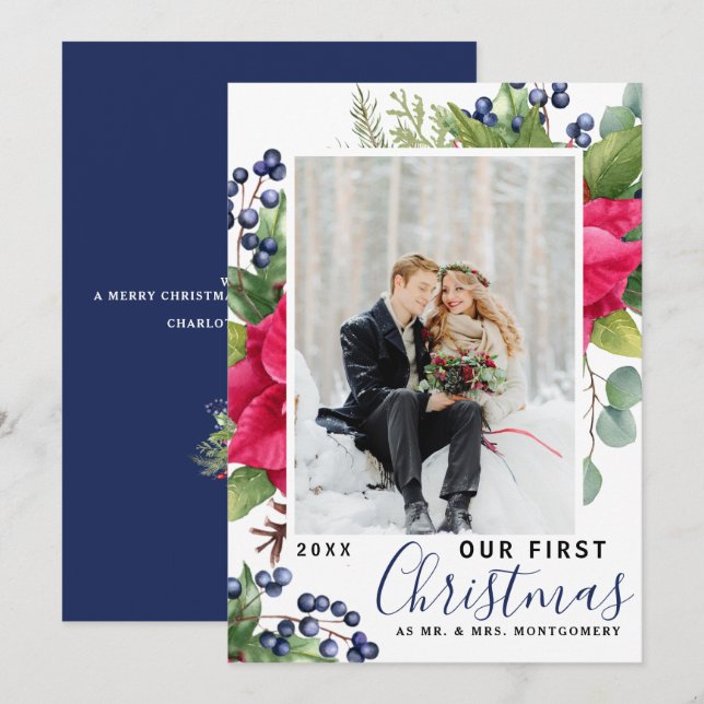 Elegant Poinsettia  Photo Our First Christmas Blue Holiday Card (Front/Back)