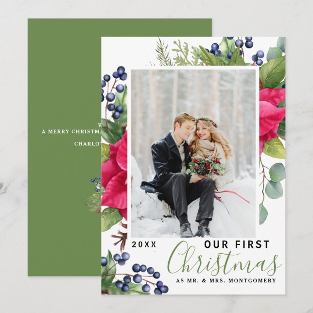 Elegant Poinsettia Photo Our First Christmas Green Holiday Card (Front/Back)