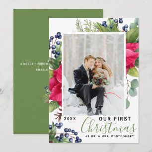 Elegant Poinsettia Photo Our First Christmas Green Holiday Card