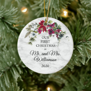 Elegant Poinsettia Pine First Christmas Married Ceramic Tree Decoration