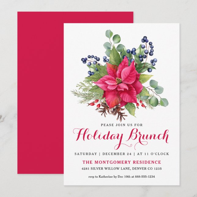 Elegant Poinsettia Red Christmas Holiday Brunch Invitation (Front/Back)