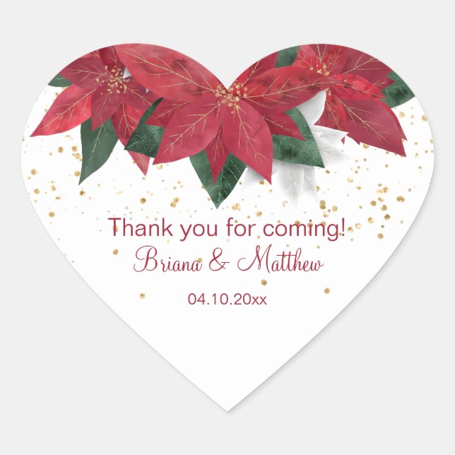 Elegant Poinsettia Red Christmas Wedding Favours Heart Sticker (Front)