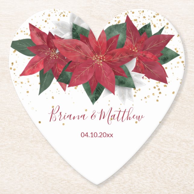 Elegant Poinsettia Red Christmas Wedding Paper Coaster (Front)