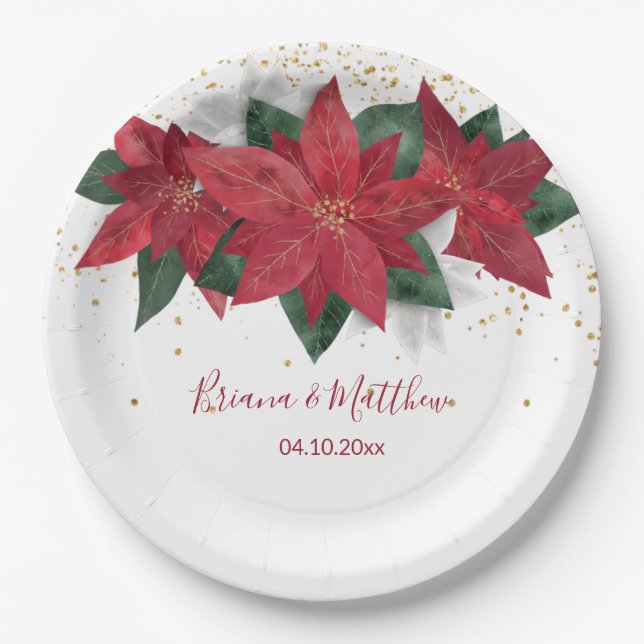 Elegant Poinsettia Red Christmas Wedding Paper Plate (Front)