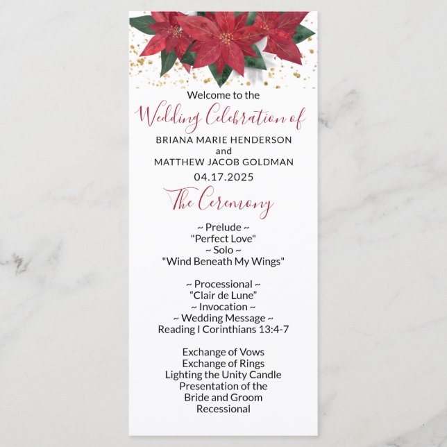Elegant Poinsettia Red Christmas Wedding Program Programme (Front)