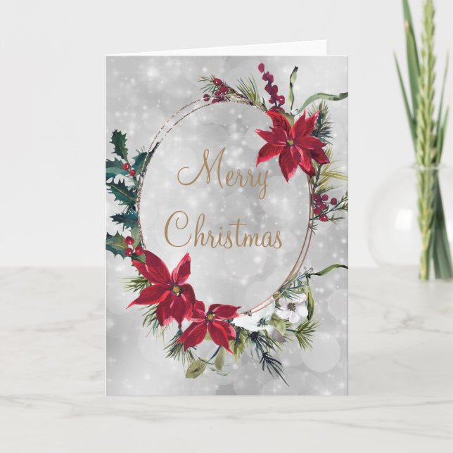 Elegant Poinsettia Silver Merry Christmas Holiday Card (Front)