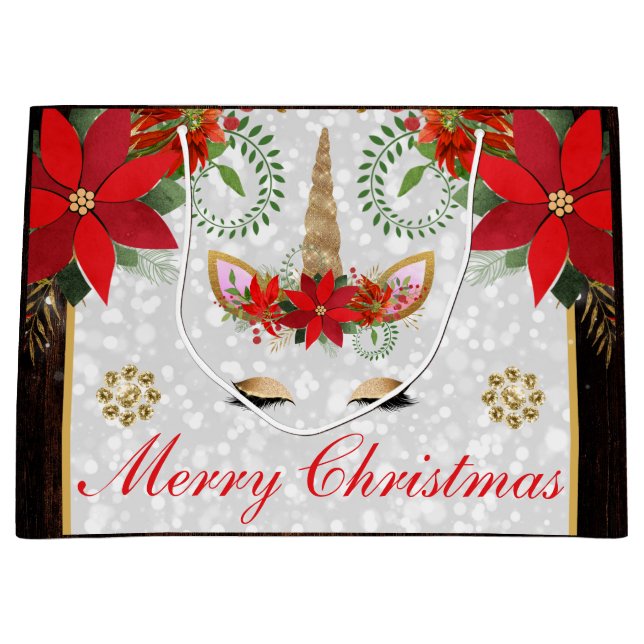 Elegant Poinsettia Unicorn Christmas Large Gift Bag (Front)
