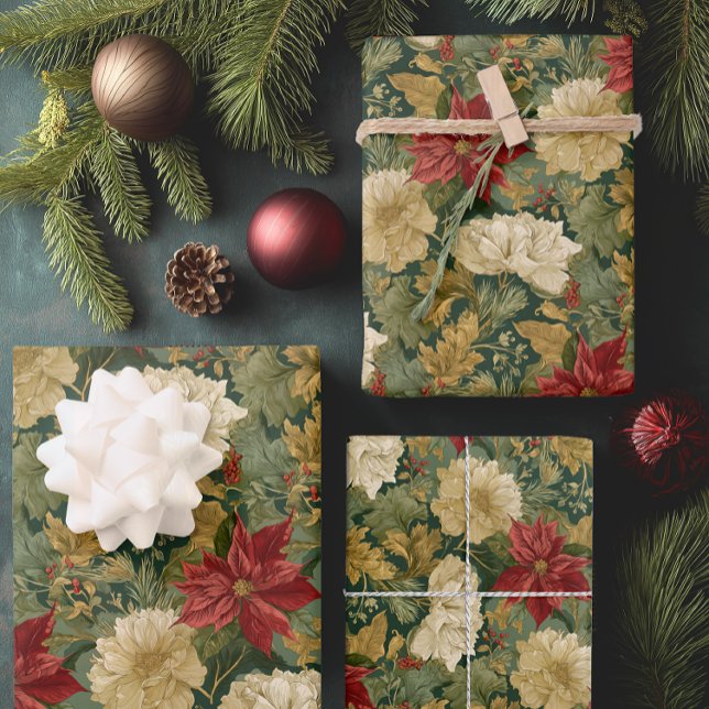 Elegant Poinsettia Vintage Christmas Wrapping Paper Sheet (Elegant Floral Christmas Gift Wrap)