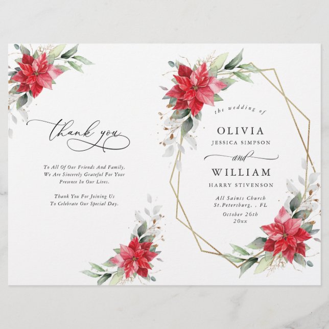Elegant Poinsettia Watercolor Wedding Program (Front)
