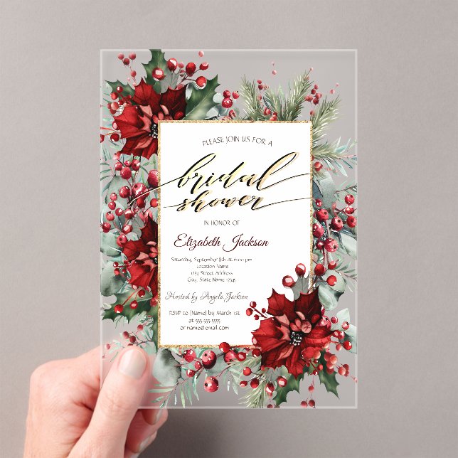 Elegant Poinsettia Winter Bridal Shower  Acrylic Invitations (Insitu (Handheld))