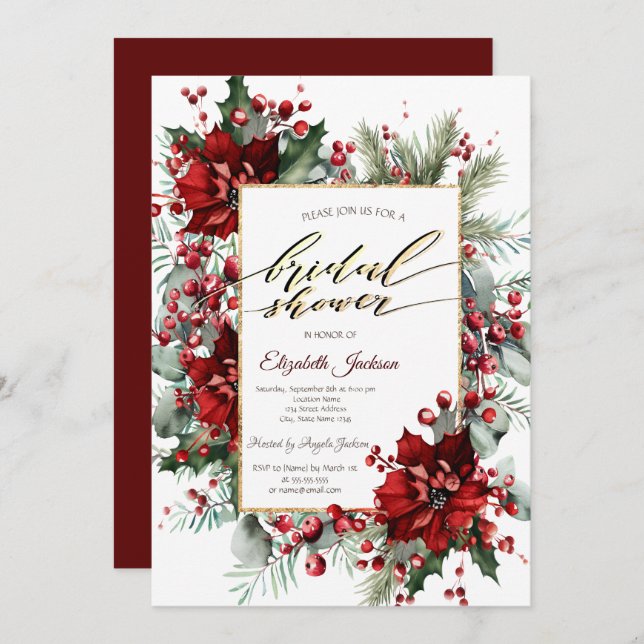 Elegant Poinsettia Winter Bridal Shower  Invitation (Front/Back)