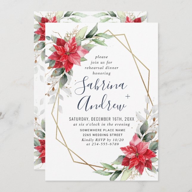 Elegant Poinsettia Winter Floral REHEARSAL DINNER Invitation (Front/Back)