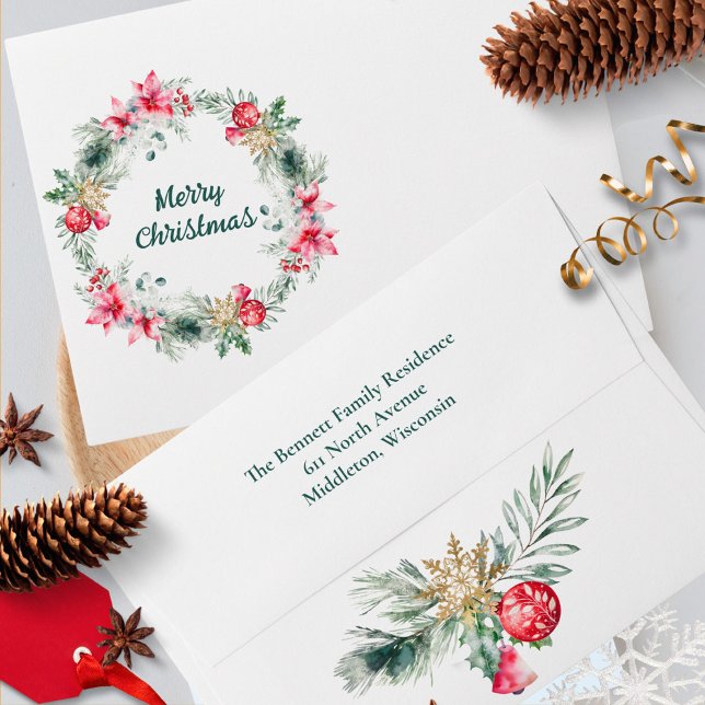 Elegant Poinsettia Winter Holiday Christmas Wreath Envelope (Creator Uploaded)