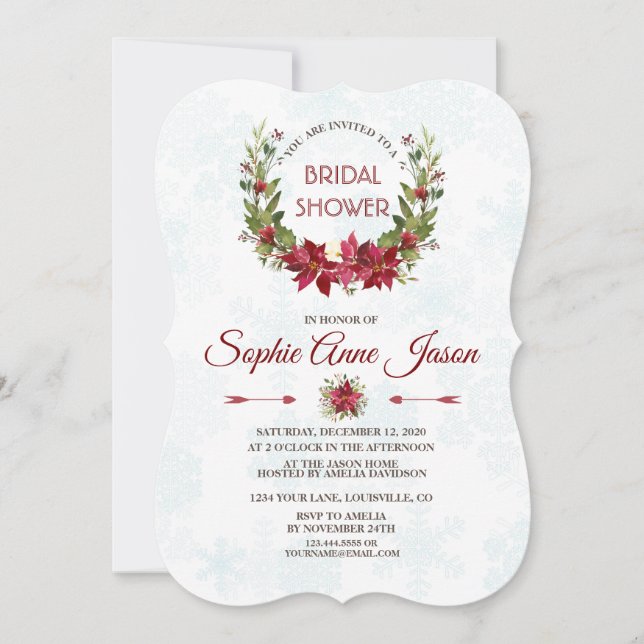 Elegant Poinsettia Winter Wreath Bridal Shower Invitation (Front)