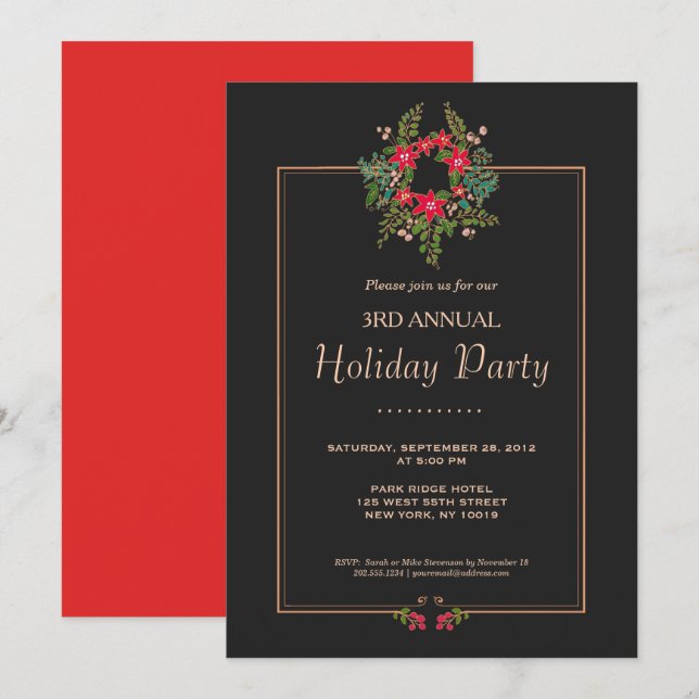 Elegant Poinsettia Wreath Black Holiday Party Invitation (Front/Back)