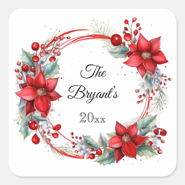 Elegant Poinsettia Wreath Personalised Square Sticker (Front)