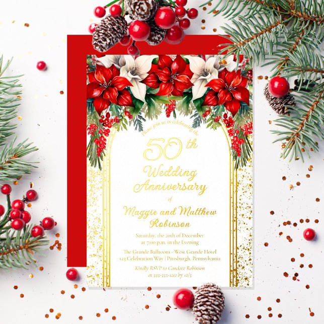 Elegant Poinsettias 50th Wedding Anniversary (Elegant Red and White Poinsettias Holiday "50th Wedding Anniversary" Party Gold Foil Invitation)