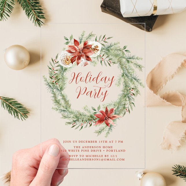 Elegant Poinsettias and Greenery Holiday Party Acrylic Invitations (Creator Uploaded)