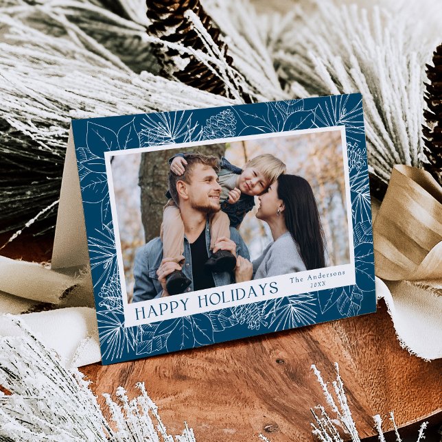 Elegant Poinsettias and Pinecones Blue 2 Photo Holiday Card (Creator Uploaded)