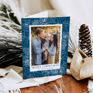Elegant Poinsettias and Pinecones Blue 2 Photo Holiday Card