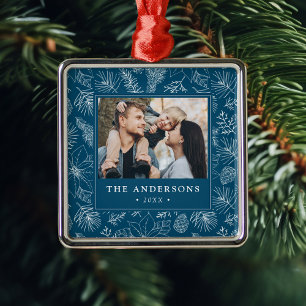 Elegant Poinsettias and Pinecones Blue Photo Metal Tree Decoration