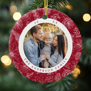 Elegant Poinsettias and Pinecones Burgundy Photo Ceramic Tree Decoration