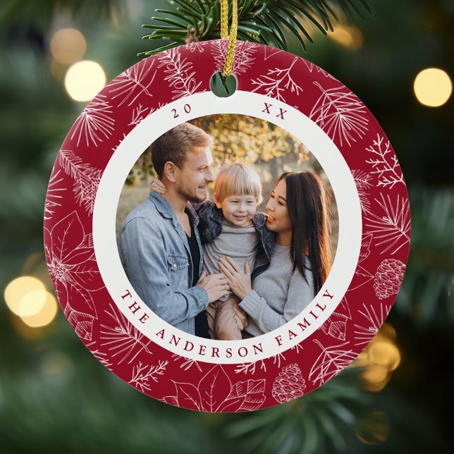 Elegant Poinsettias and Pinecones Burgundy Photo Ceramic Tree Decoration (Creator Uploaded)