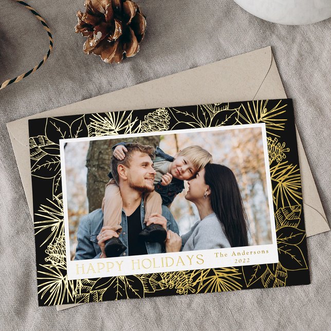 Elegant Poinsettias and Pinecones Charcoal Photo Foil Holiday Card (Creator Uploaded)