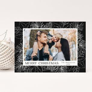 Elegant Poinsettias and Pinecones Charcoal Photo Holiday Card