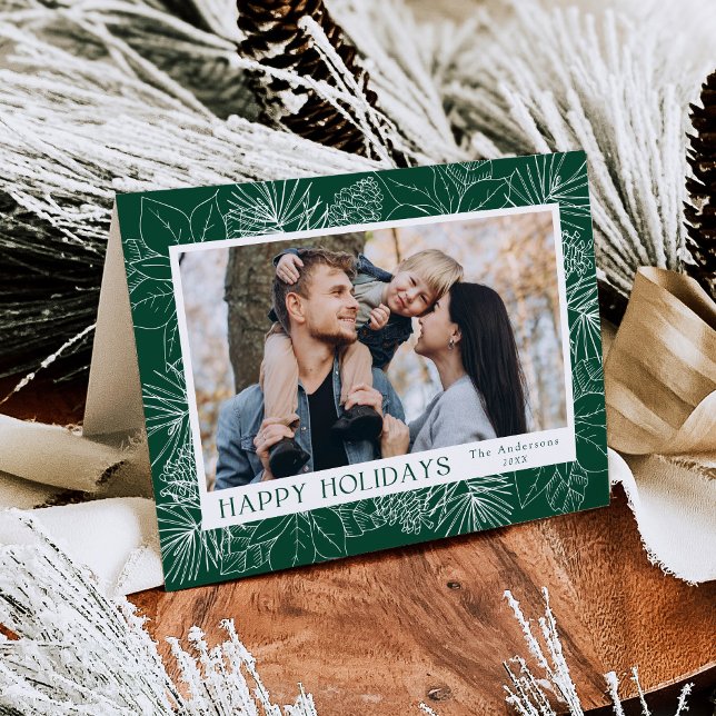 Elegant Poinsettias and Pinecones Green 2 Photo Holiday Card (Creator Uploaded)