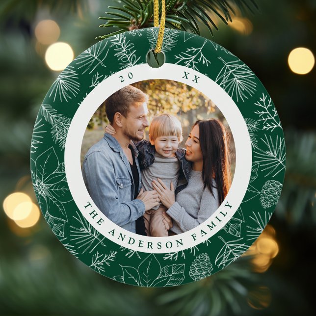 Elegant Poinsettias and Pinecones Green Photo Ceramic Tree Decoration (Creator Uploaded)