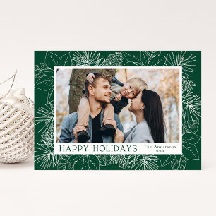 Elegant Poinsettias and Pinecones Green Photo Holiday Card