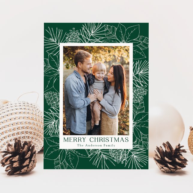 Elegant Poinsettias and Pinecones Green Photo Holiday Card (Creator Uploaded)