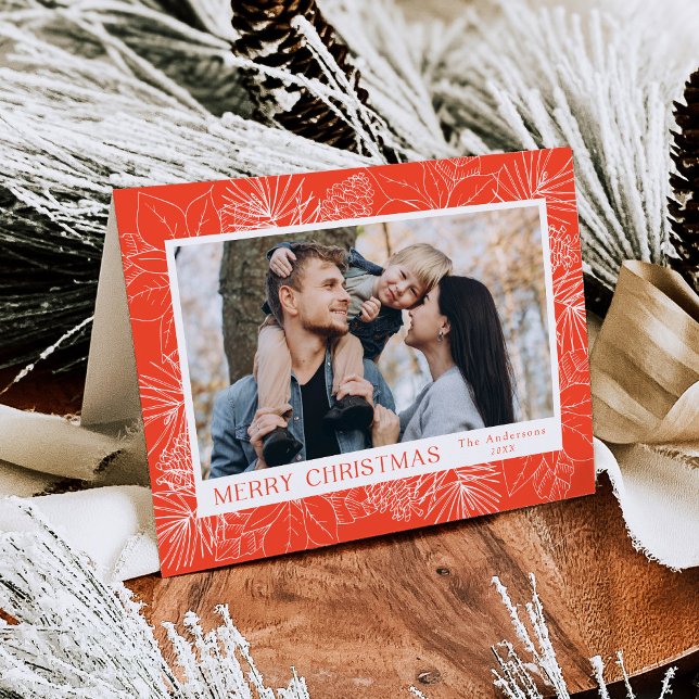 Elegant Poinsettias and Pinecones Orange 2 Photo Holiday Card (Creator Uploaded)