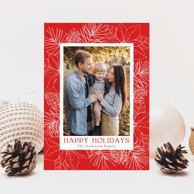 Elegant Poinsettias and Pinecones Red Photo Holiday Card (Creator Uploaded)