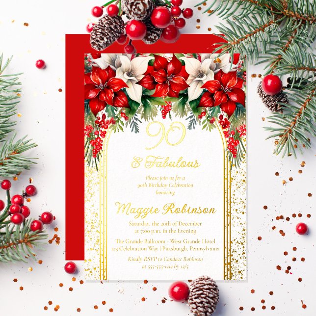 Elegant Poinsettias Floral 90th Birthday Party (Elegant Red and White Poinsettias Holiday "90 and Fabulous" Birthday Party Gold Foil Invitation)
