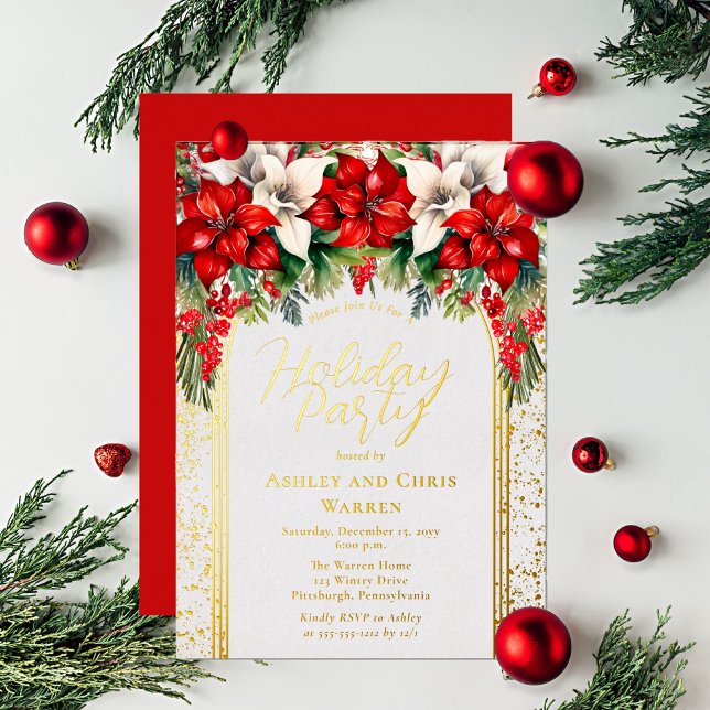 Elegant Poinsettias Floral Christmas Holiday Party (Red and white poinsettias and berries bouquet, arched gold foil frame and text Holiday Party)
